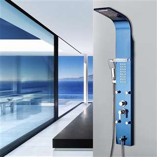 BathSelect style black home shower panel with handheld sprayer and multi function body jets