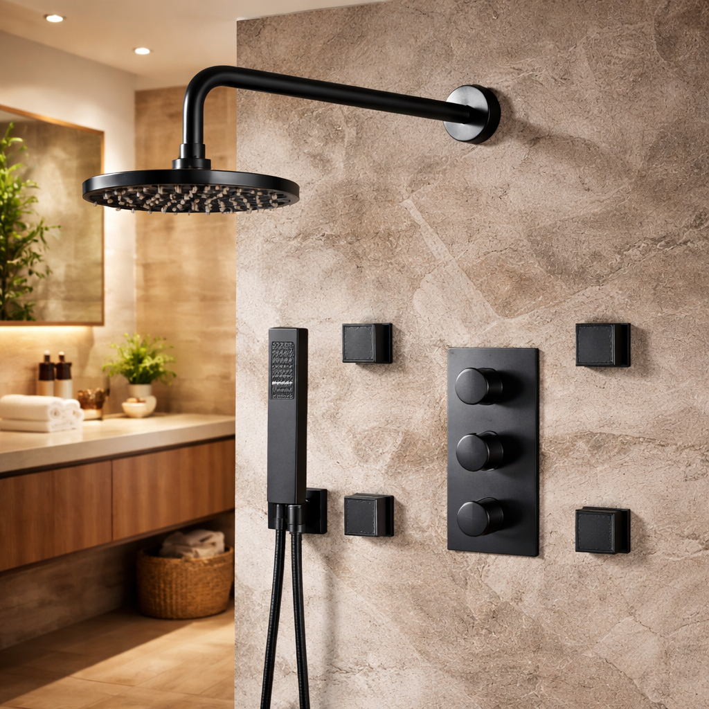 Walk-in glass shower with matte black shower fixtures and clean modern lines