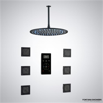 Contemporary bathroom interior with black fixtures, wood vanity, and neutral finishes