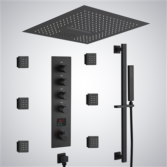 Modern bathroom with matte black shower fixtures and white tile walls