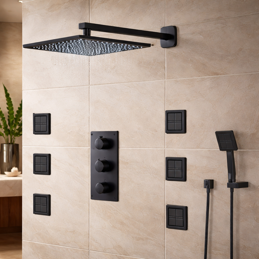 Warm bathroom design with natural wood tones and matte black shower hardware