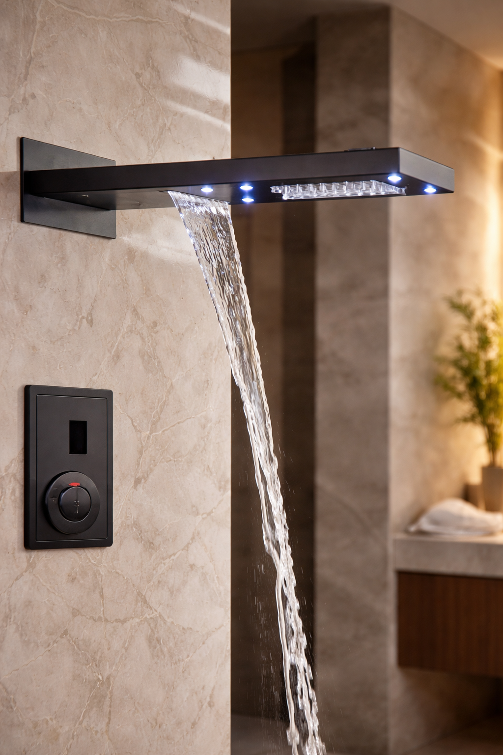 Minimalist tiled shower with matte black shower head and neutral wall finishes