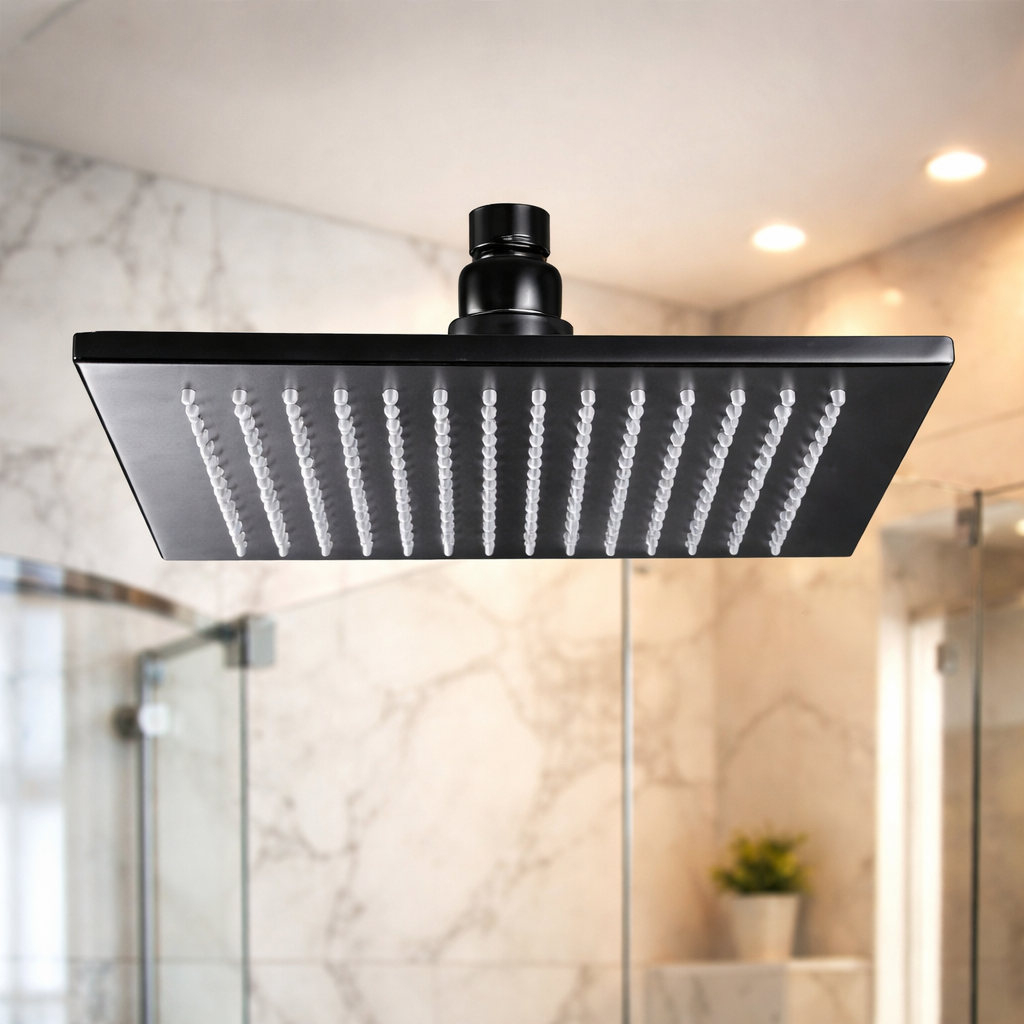 Modern bathroom with matte black shower fixtures and clean glass enclosure