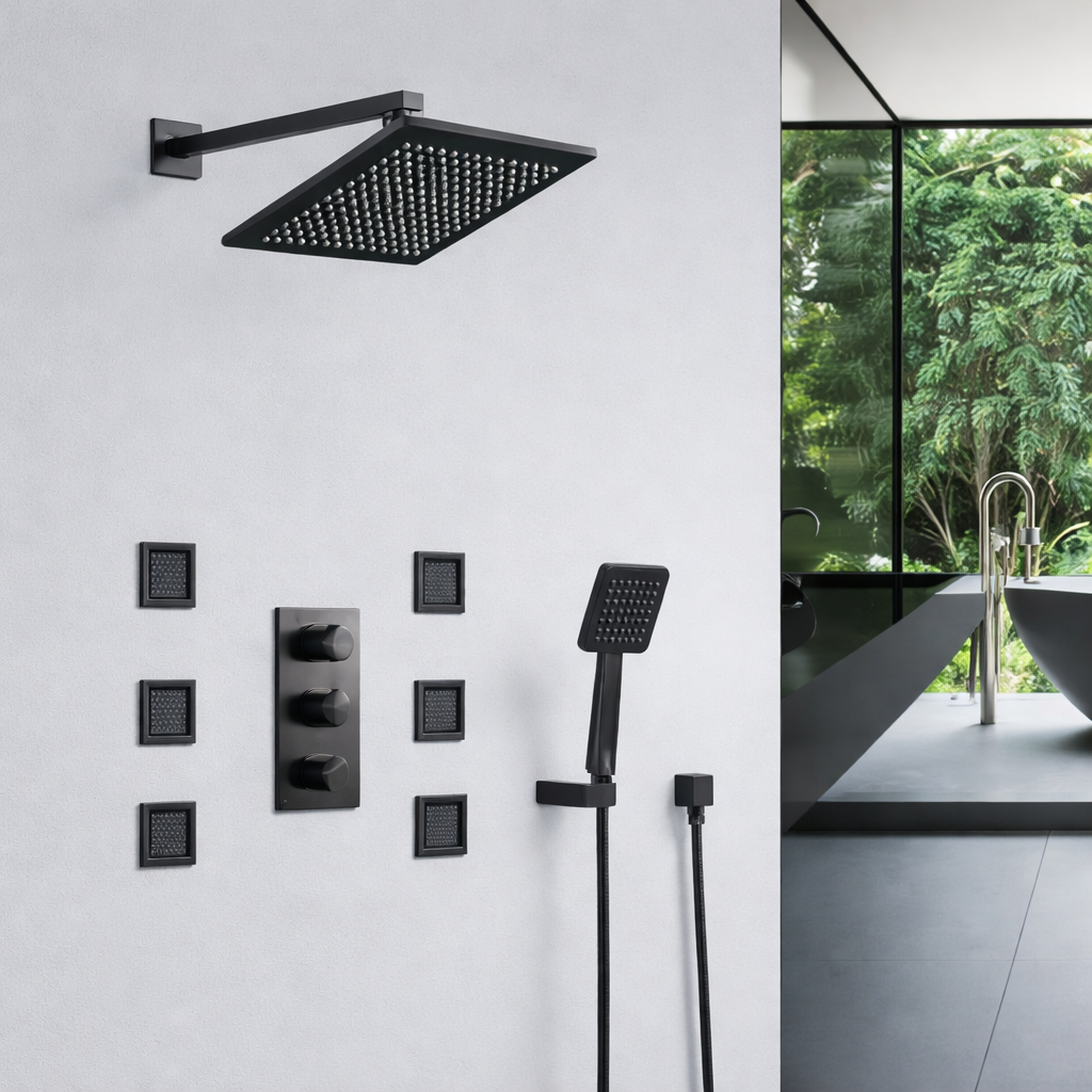 Luxury shower interior with oversized rainfall shower head in matte black finish