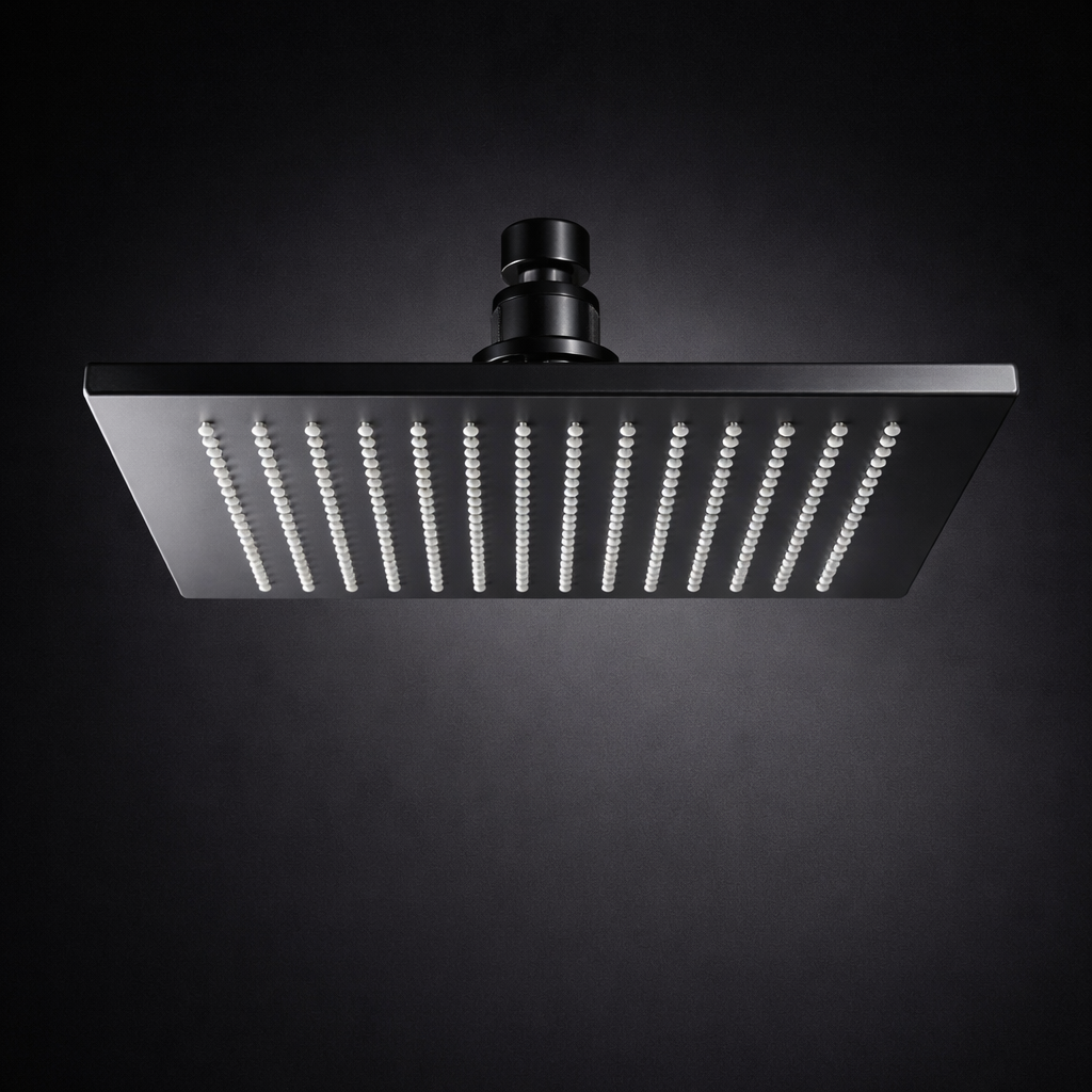 Minimal bathroom with black shower trim, stone tile, and upscale modern styling