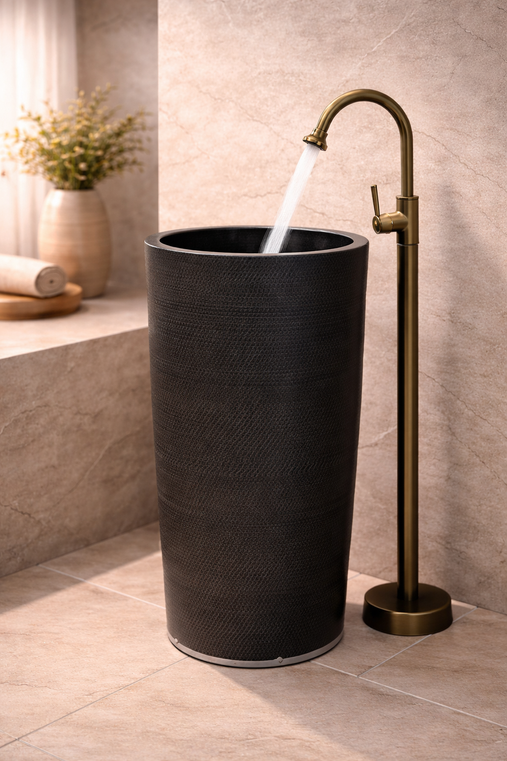 Freestanding bathtub faucet next to a centerpiece tub in a luxury bathroom