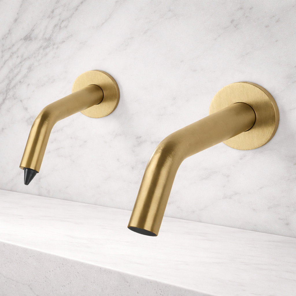 Wall-mounted bathtub faucet in a modern bathroom beside a soaking tub