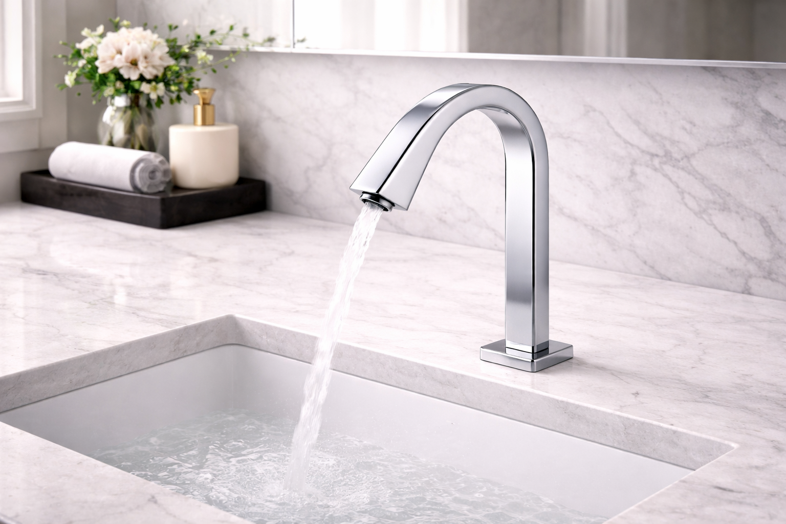 Contemporary smart faucet installation in a clean modern bathroom