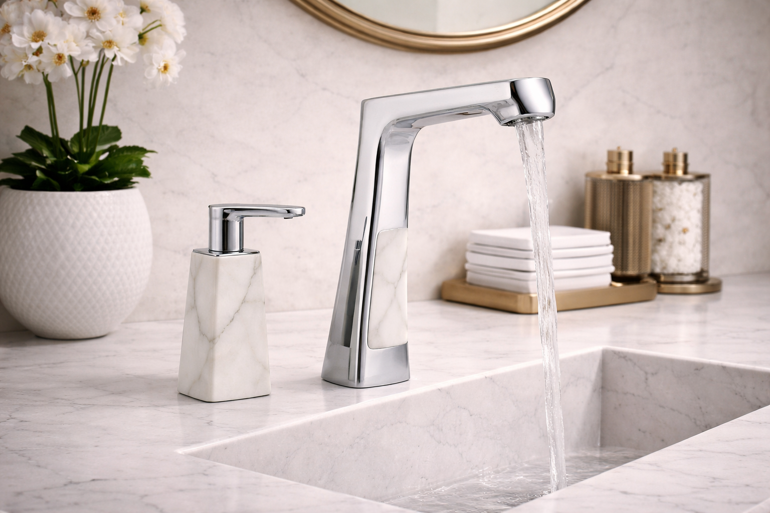 Minimal bathtub area with a clean wall-mounted faucet design