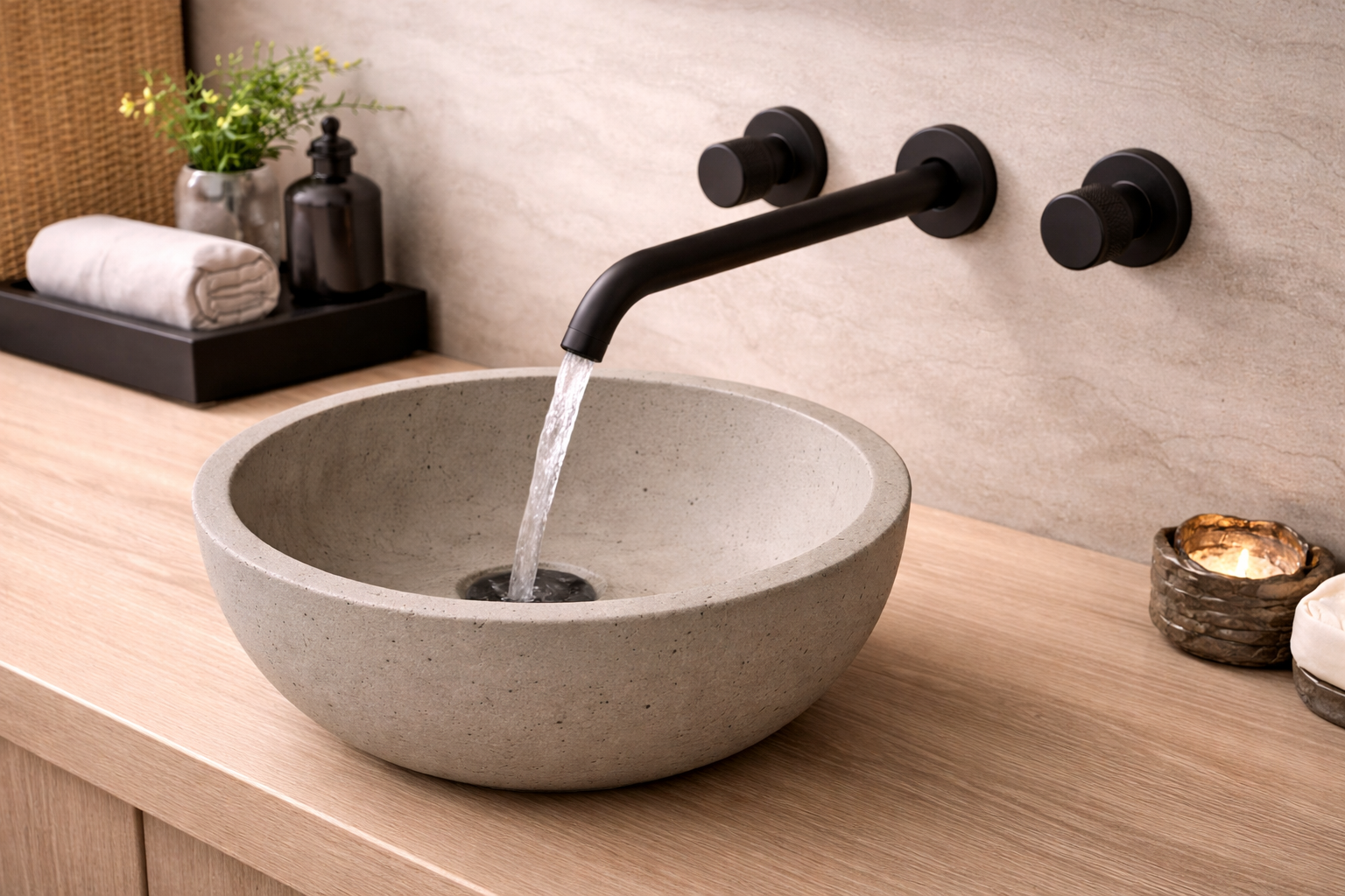 Close-up of efficient faucet water flow in a modern sink area