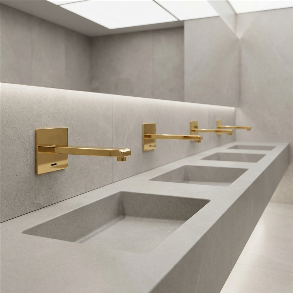 Healthcare facility restroom with hygienic touchless faucet fixtures