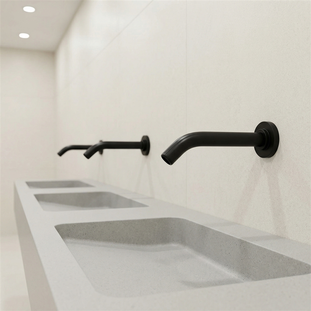 School restroom handwashing area with vandal-resistant automatic faucets
