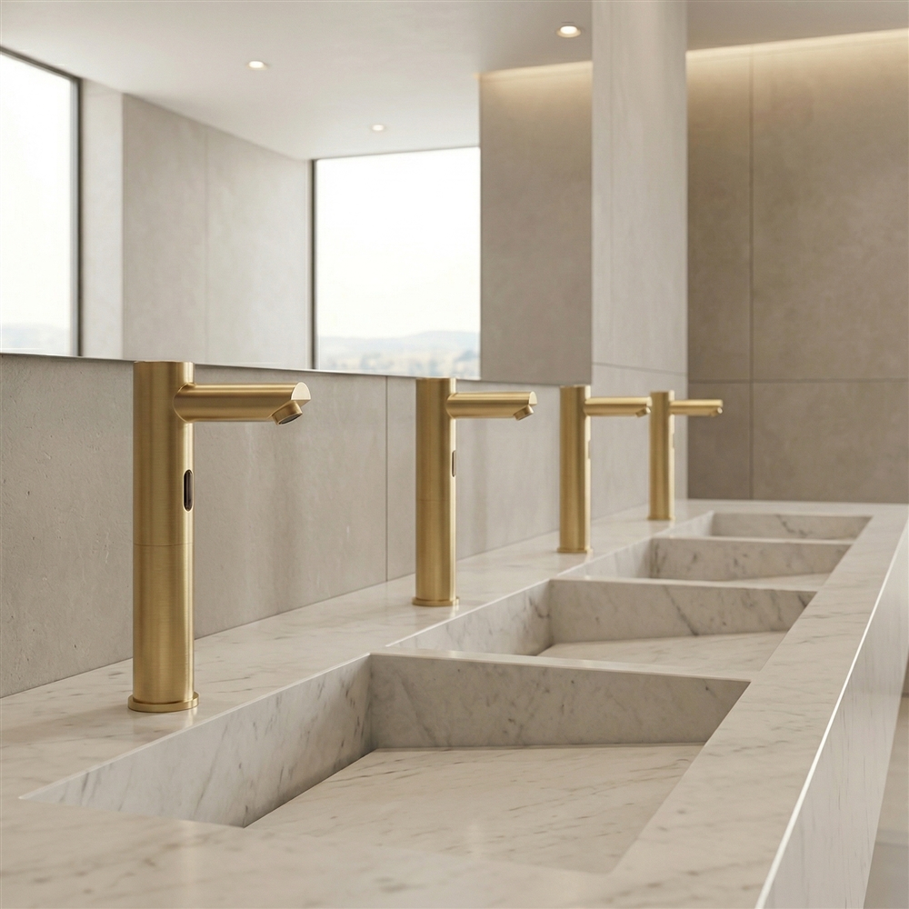Airport restroom with durable touchless faucets and commercial sink stations