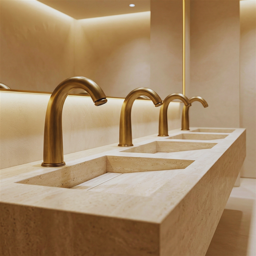Facility maintenance professional inspecting a public restroom faucet