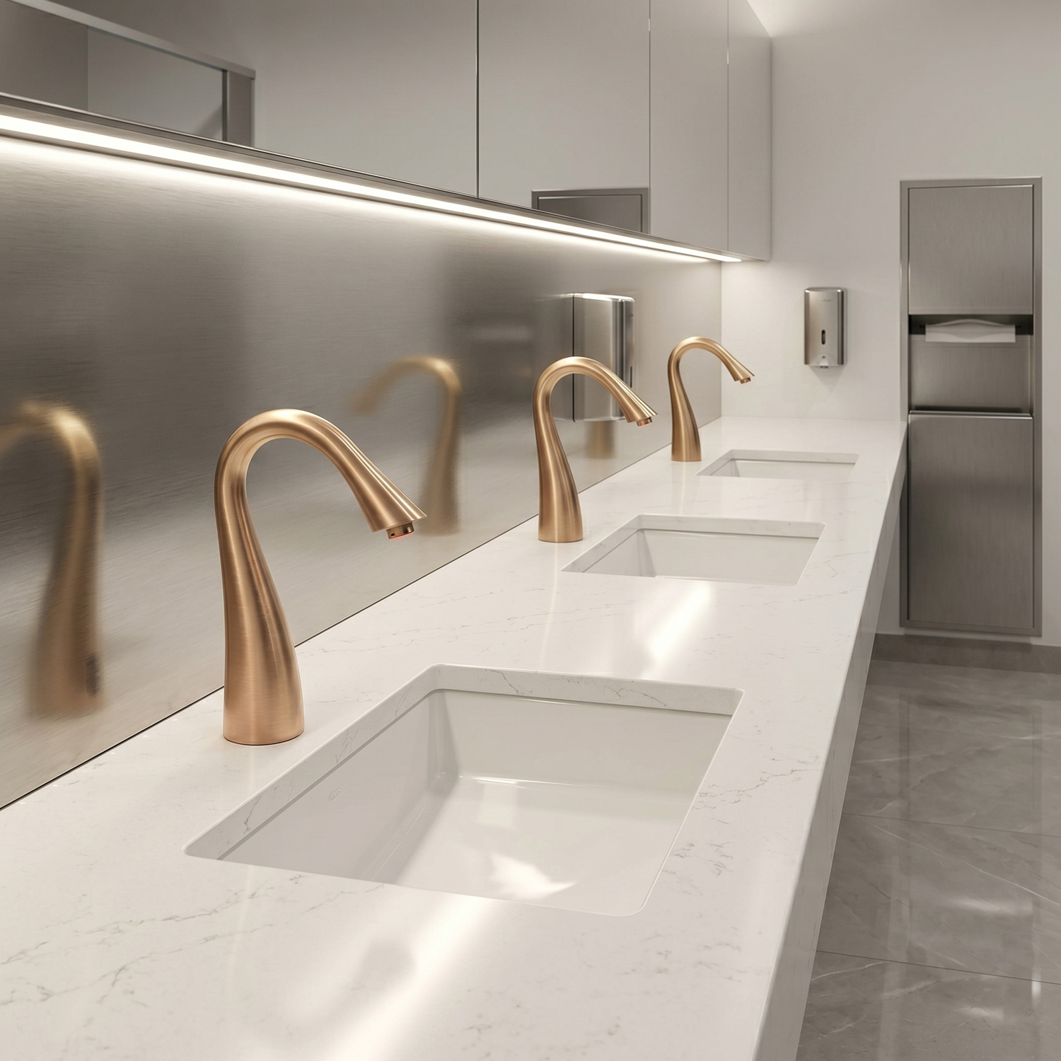 Reflective commercial sink deck with automatic faucet installation