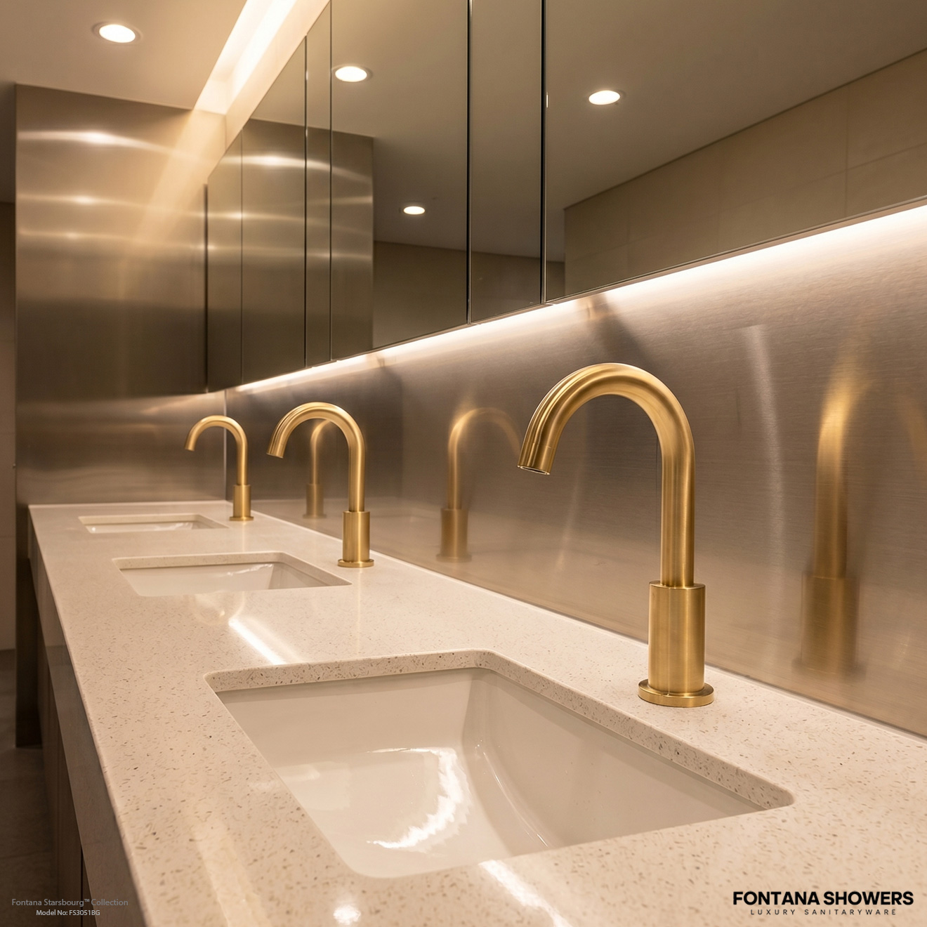 Modern high-traffic commercial restroom with vandal-resistant touchless faucets