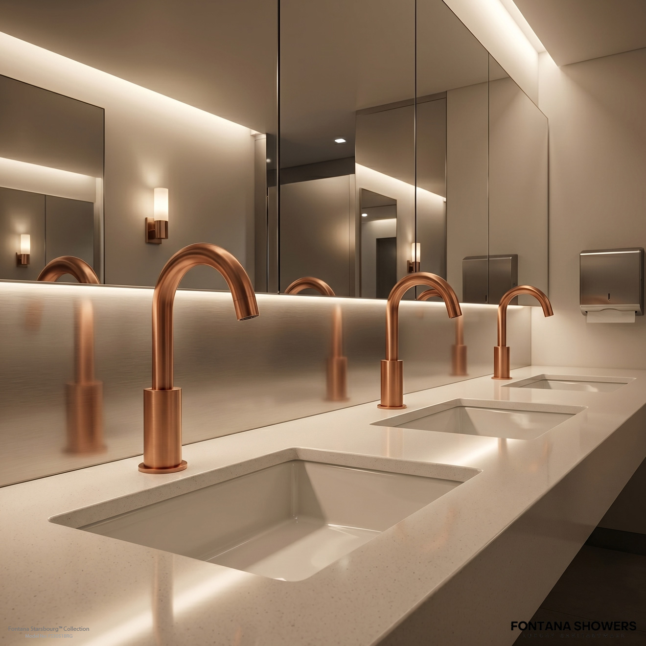 Modern commercial restroom with touchless faucets specified for high-traffic use