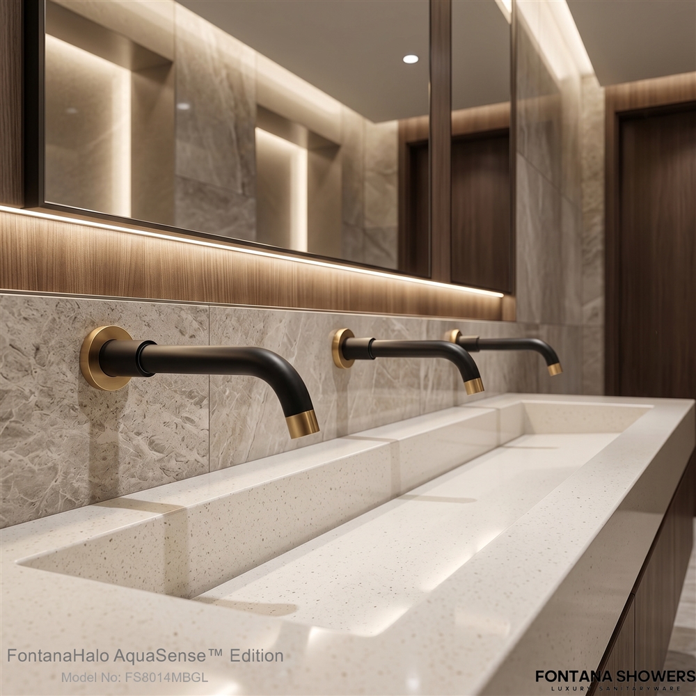 Commercial restroom with durable touchless faucets designed for high-traffic public use and fast maintenance