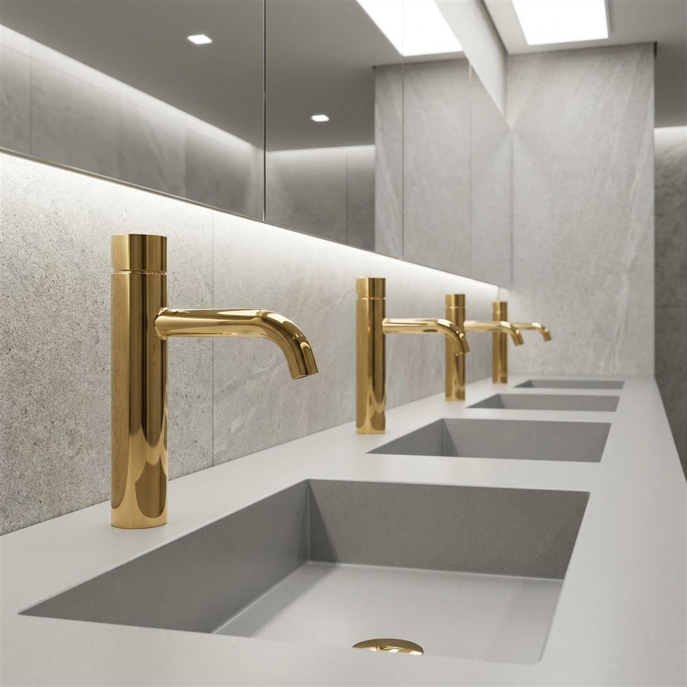 Commercial touchless faucet demonstrating modern fixture design