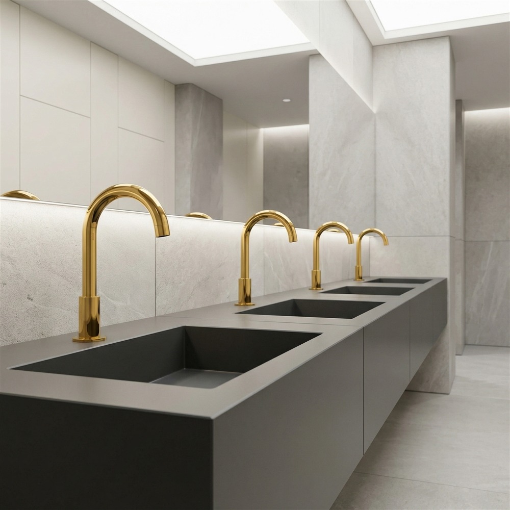 Commercial washroom vanity with chrome faucets and multiple basins