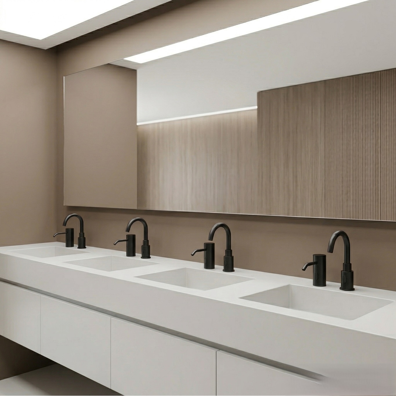 Calm architectural representation of privacy, safety and circulation in a stadium restroom