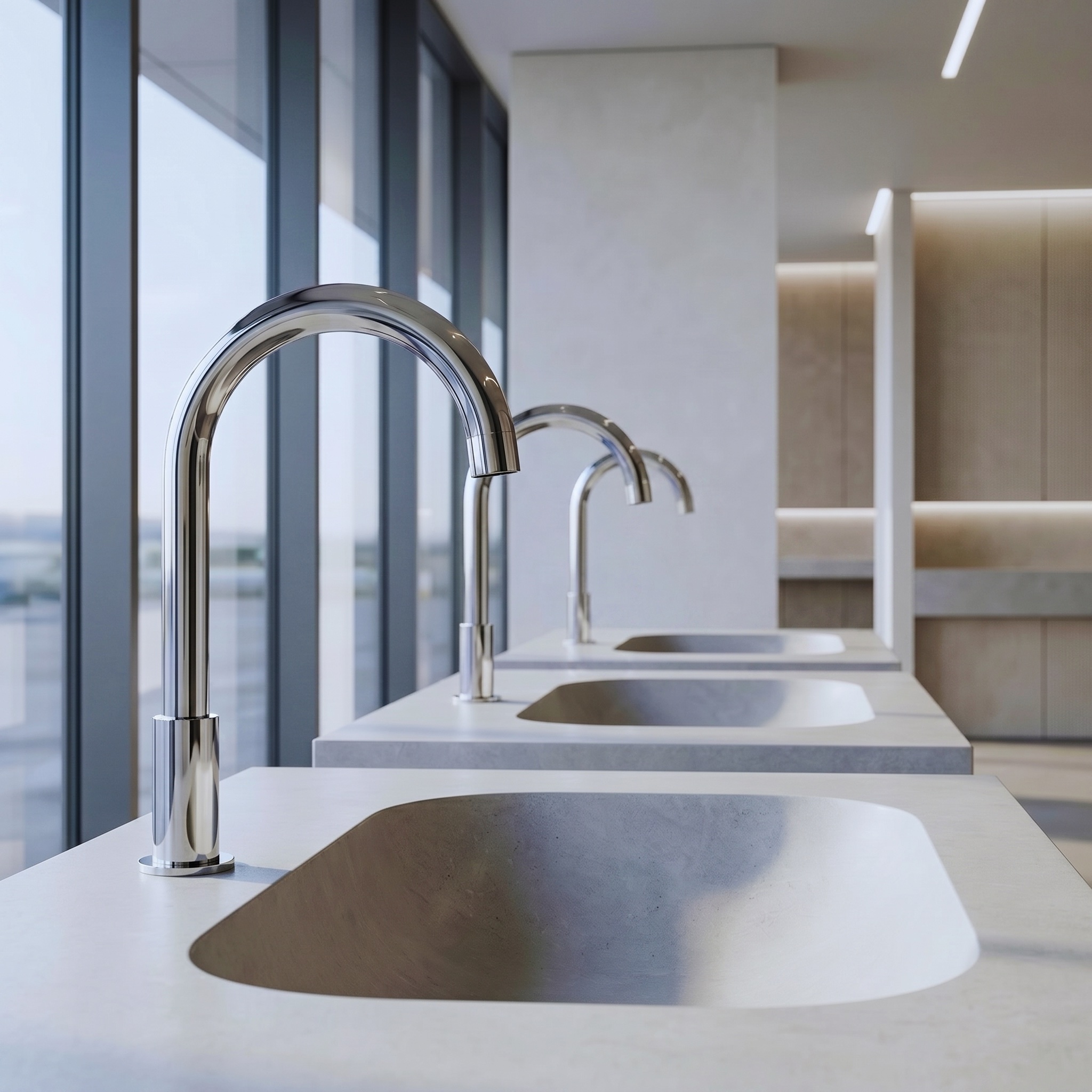 Vessel sink and chrome touchless motion sensor faucet for long-term water-efficient bathroom use