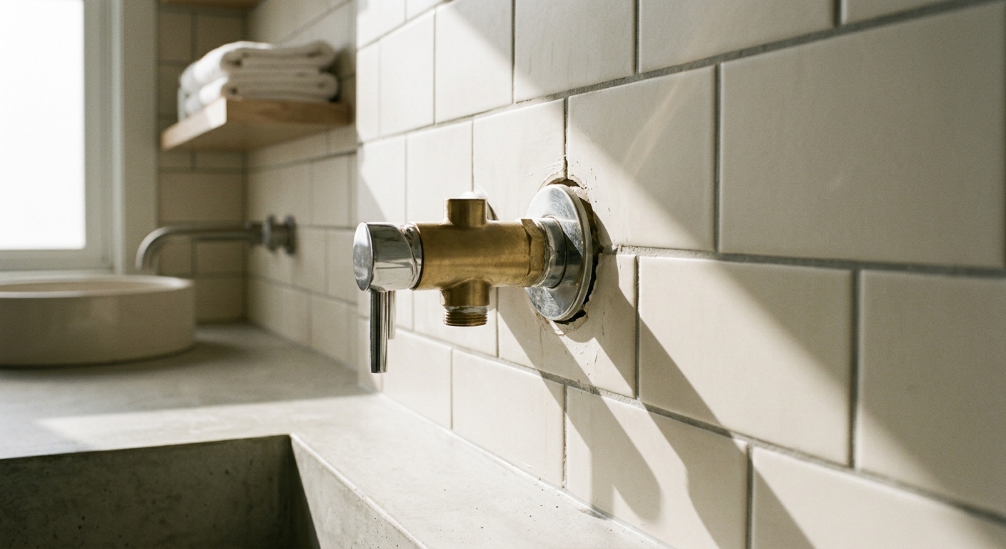 Grazing daylight reveals the gap around a metal shower valve escutcheon on a tiled wall