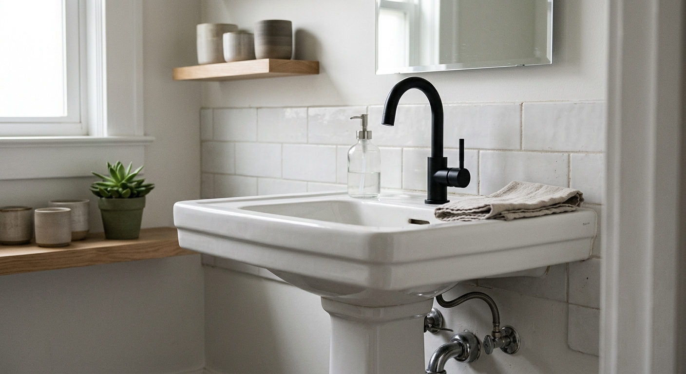 Modern bathroom sink with black faucet and white tiled backsplash illustrating reversible rental fixture styling
